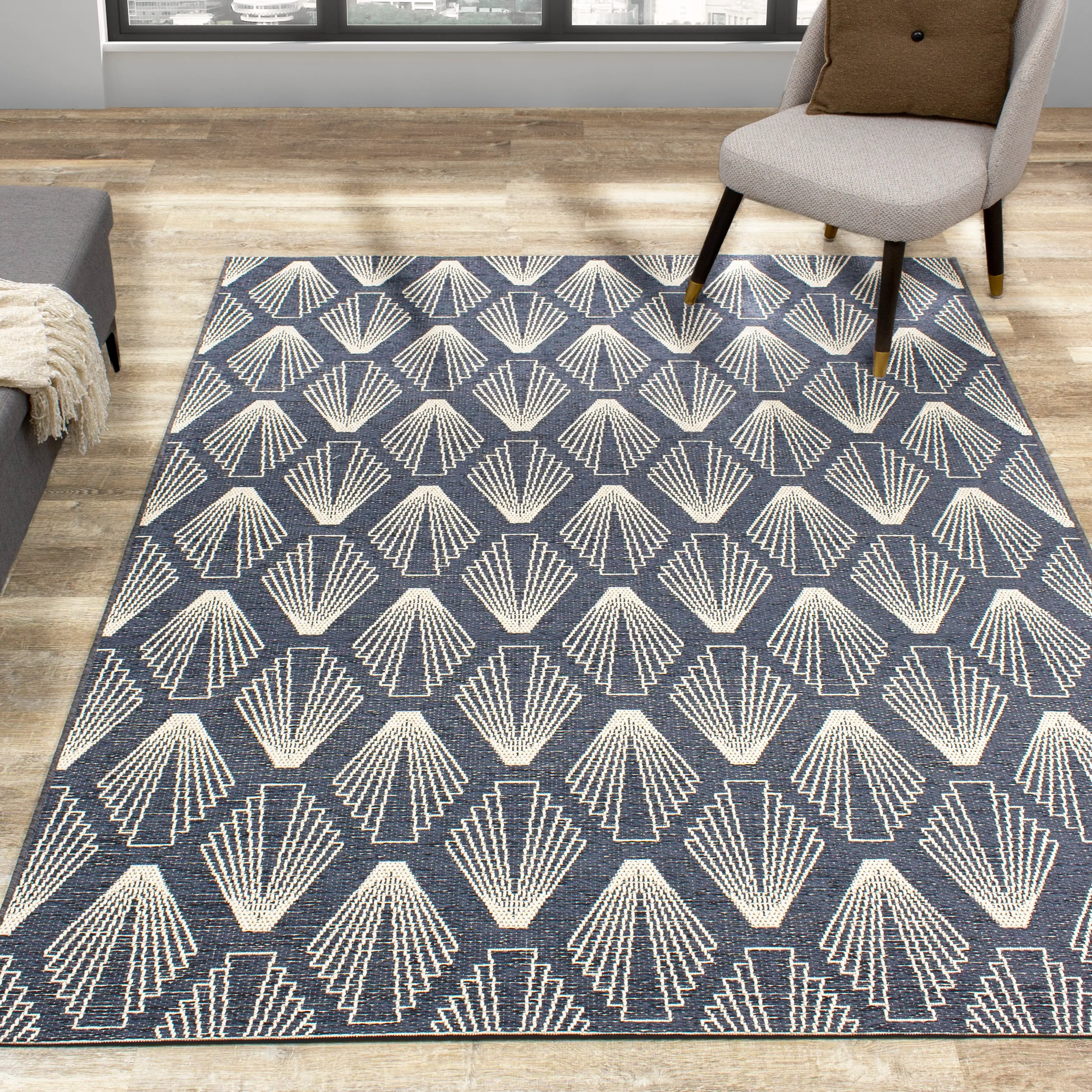 Vista 5 x 8 Art Deco Blue Cream Area Rug