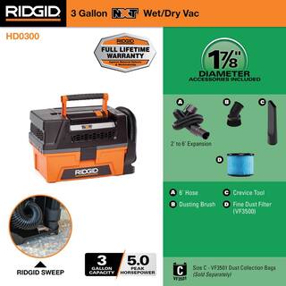 RIDGID 3 Gallon 5.0 Peak HP NXT WetDry Shop Vacuum with Filter Expandable Locking Hose and Accessories HD0300