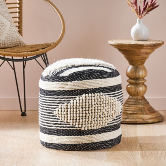 Lucknow Boho Handcrafted Fabric Cylinder Pouf  Whi...