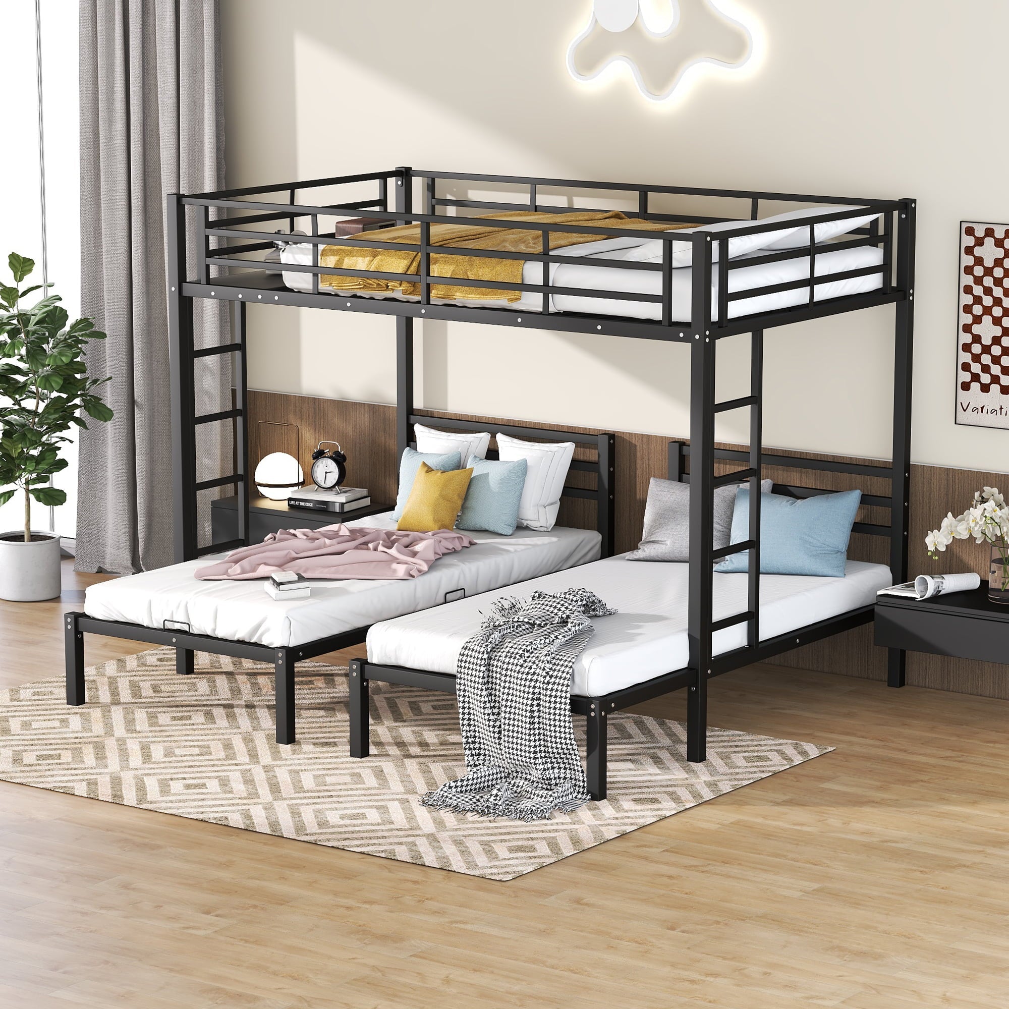 Bellemave Metal Triple Bunk Bed with Ladder, Full over Twin & Twin Bunk Bed for 3 Kids, Teens, Boys & Girl in Bedroom (Black)