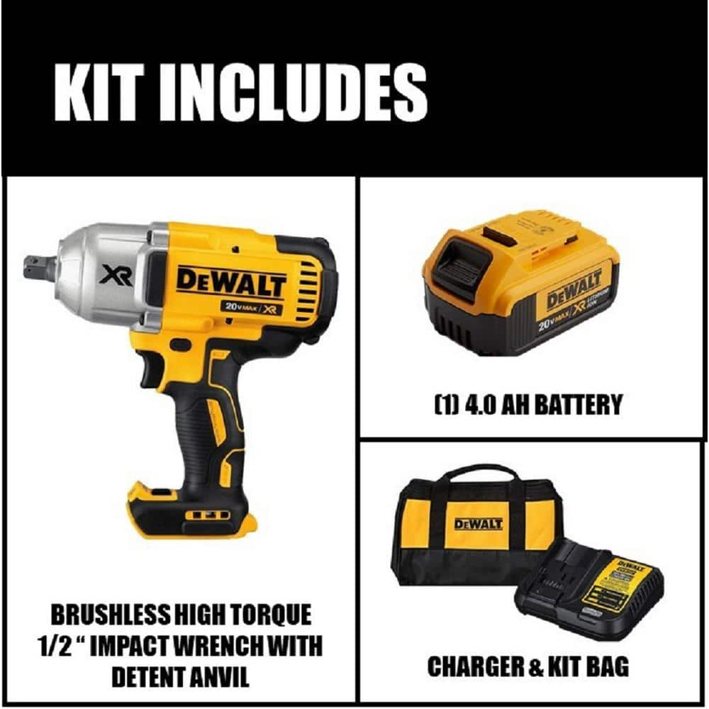 DEWALT 20V MAX XR Cordless Brushless 1/2 in. High Torque Impact Wrench with Detent Pin Anvil and (1) 20V 4.0Ah Battery DCF899M1