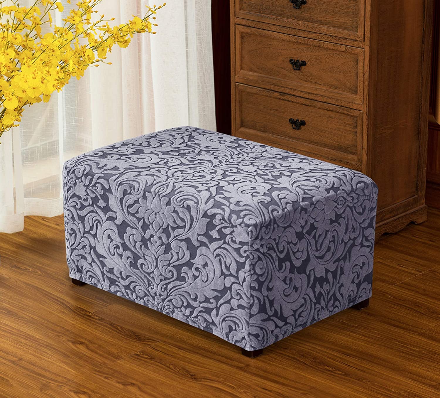 Subrtex Stretch Jacquard Damask Oversized Ottoman Slipcover, Grayish Blue