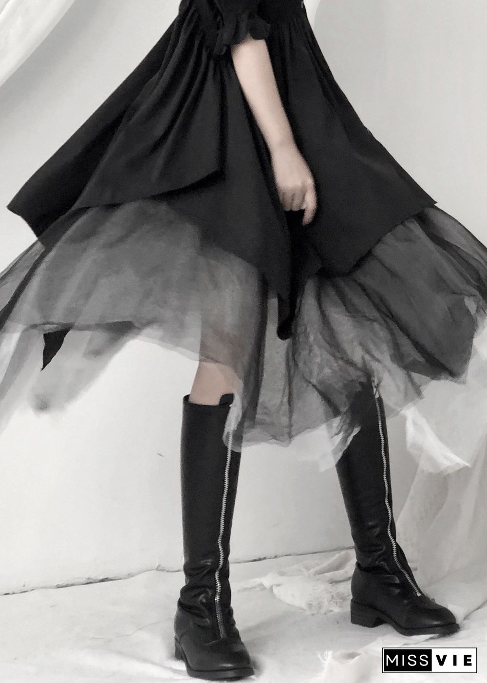 Boho Black Asymmetrical Layered Tulle Maxi Skirt