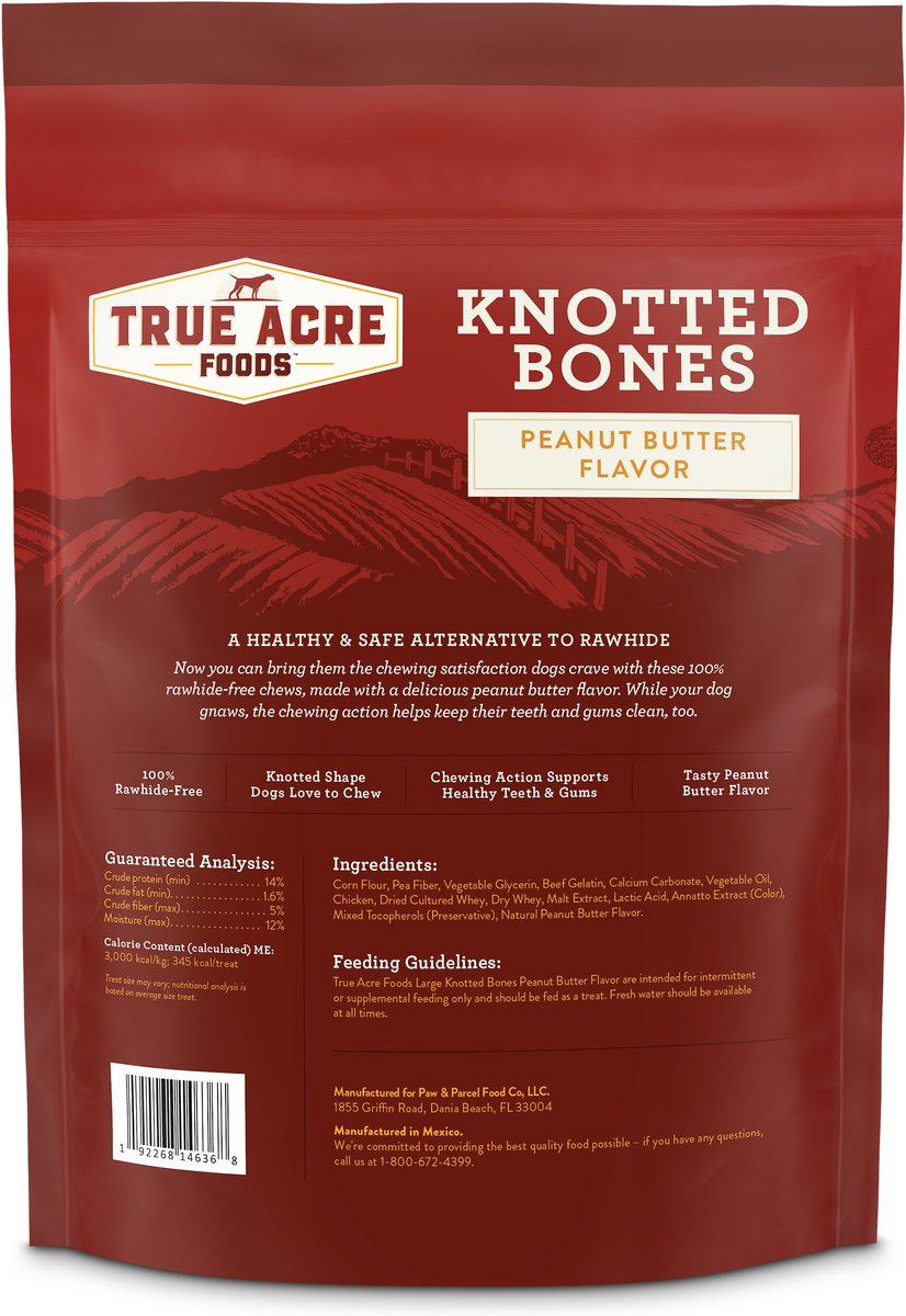 True Acre Foods Rawhide-Free Knotted Bones Peanut Butter Flavor Treats， Large， 3 count