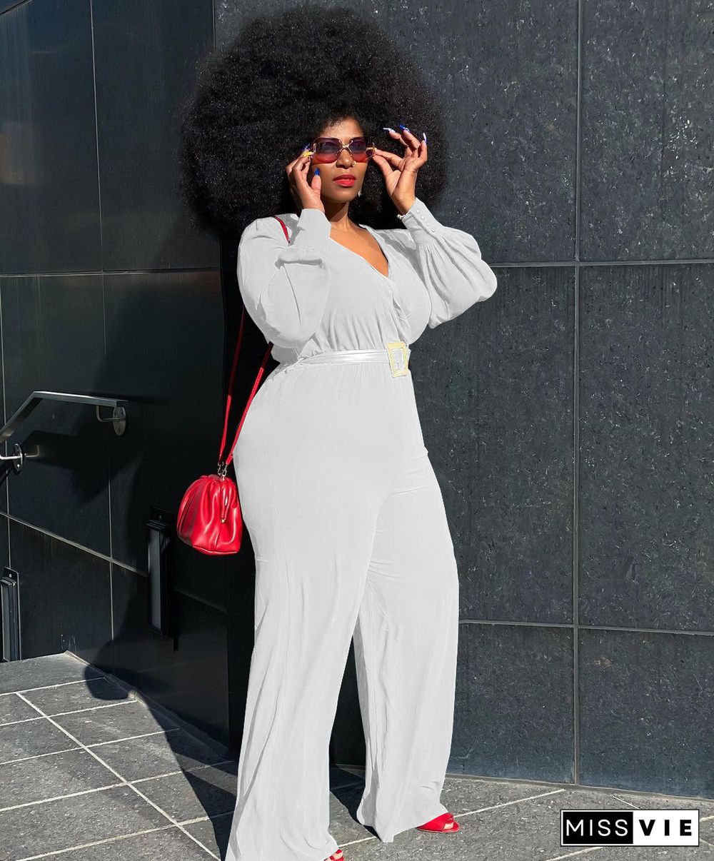 Long Sleeve V-neck Plus Size Wide Leg Jumpsuit