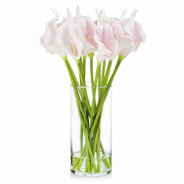 Enova Home Artificial Real Touch Calla Lily Fake Silk Flowers Arrangement in Clear Glass Vase with Faux Water for Decoration