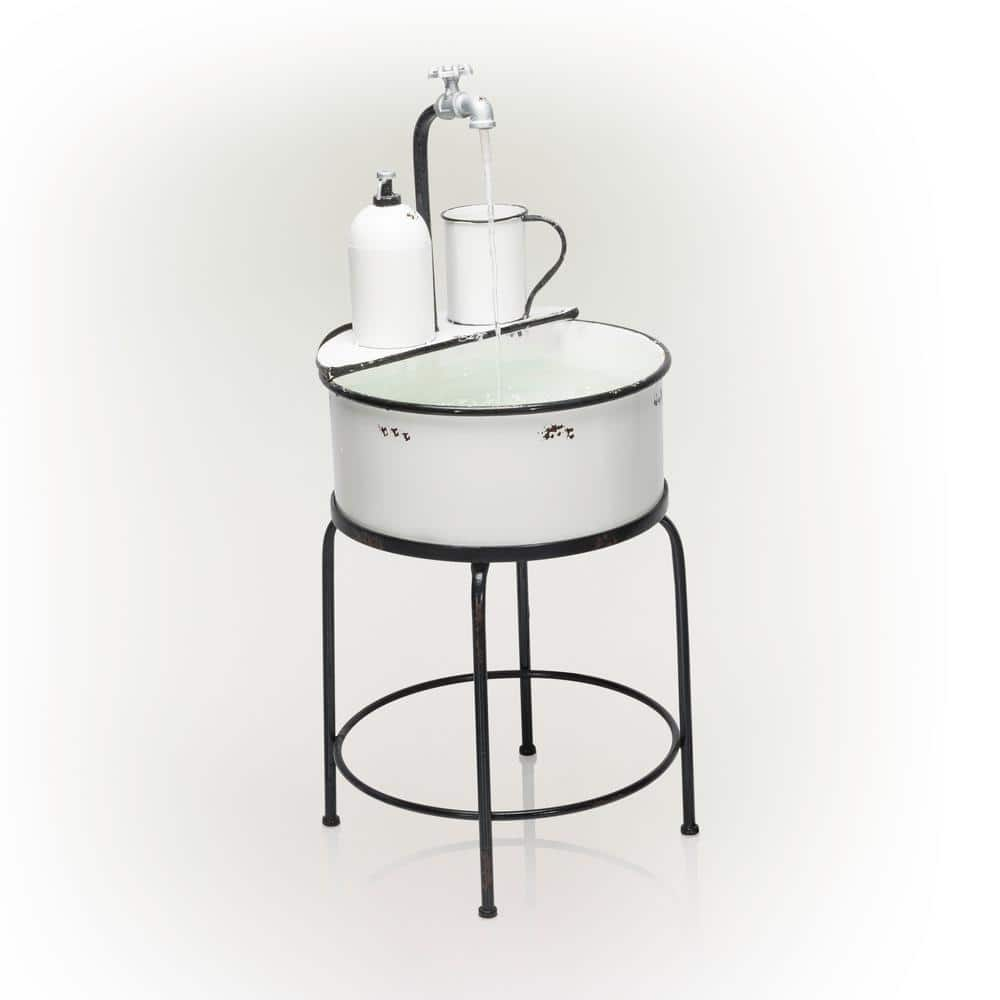 Alpine Corporation 34 in. Tall Outdoor Antique Metal Sink Water Fountain, White YHL168