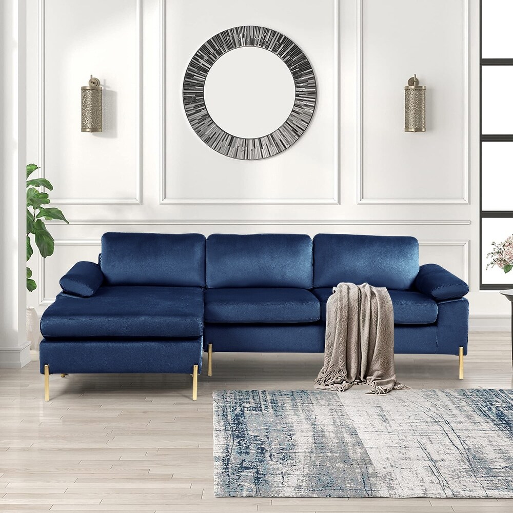 Modern Velvet Upholstered Sectional Sofa with Chaise and Metal Legs