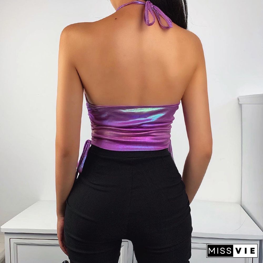 New Womens Sexy Club Pu Leather Purple Tube Tops Camisole Solid Sleeveless Crop Tank Tops