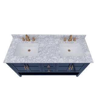 Home Decorators Collection Sturgess Open Shelf 61 in. W x 22. D x 35. H Double Sink Vanity in Navy Blue with White Marble Vanity Top 19111S-VS61C-NB