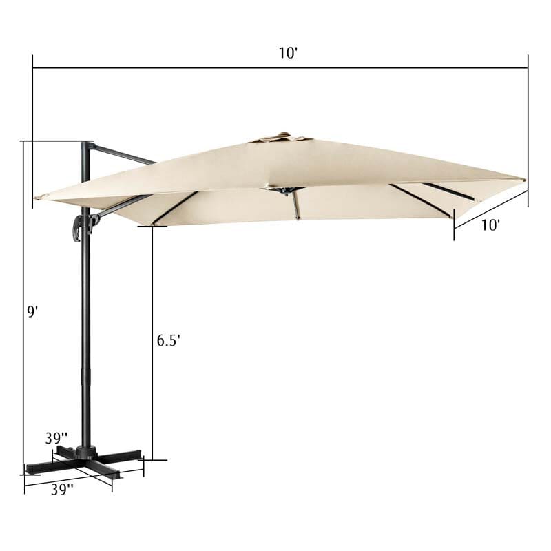 10 x 10 FT Square Patio Umbrella, 3-Tilt Cantilever Offset Umbrella, Large Outdoor Market Umbrella with Crossed Base