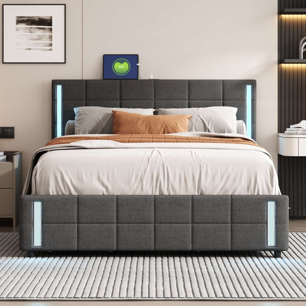 Queen Size Upholstered Platform LED Bed Frame