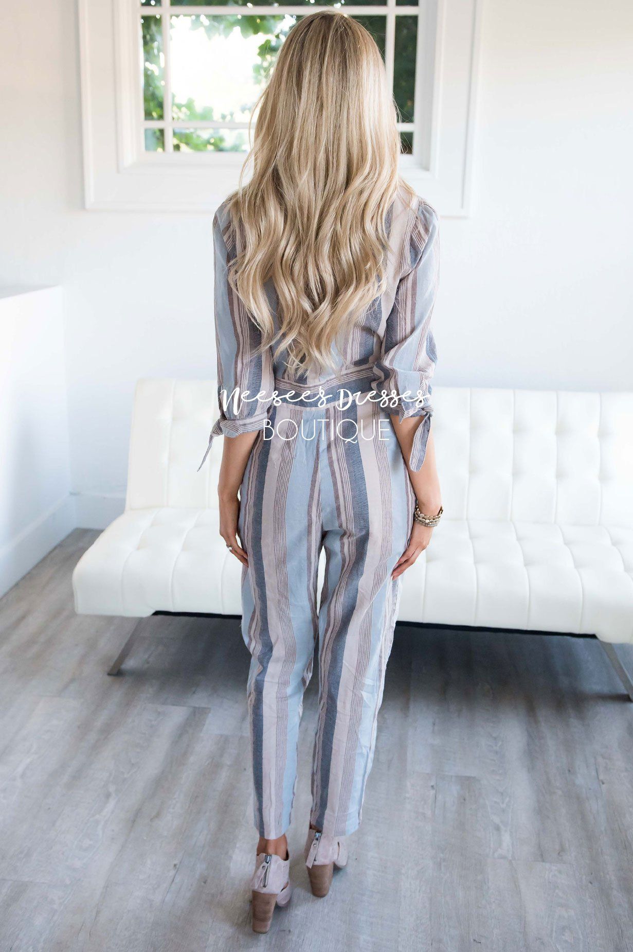 Dusty Blue & Tan Striped Jumpsuit