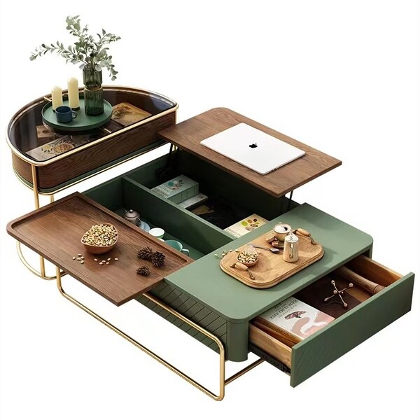 39.37'' Modern Lift-top Nesting Coffee Table Set with Drawer-- Green