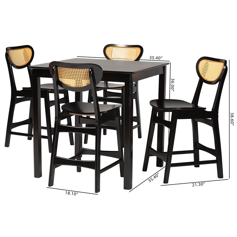 Hesper Mid Century Modern Wood and Rattan 5 Piece Pub Set