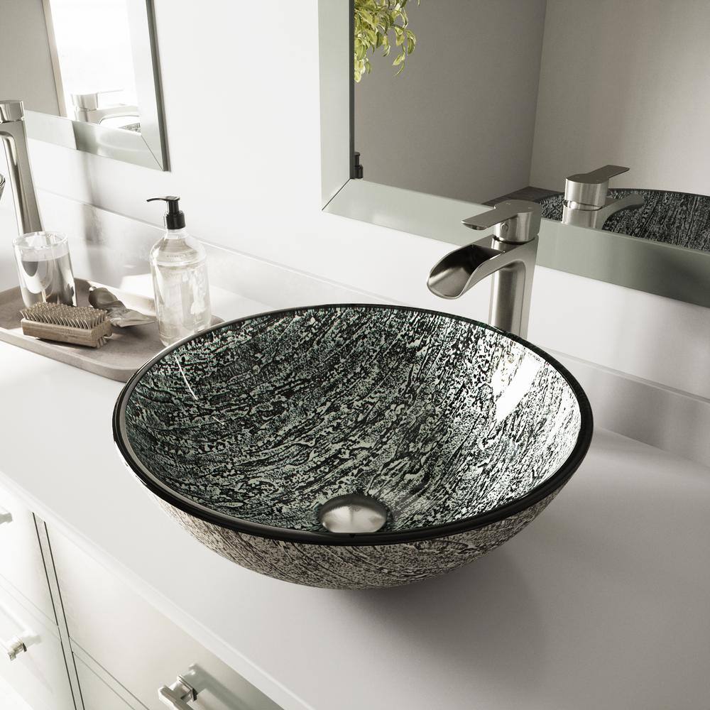 VIGO Giovanni Titanium Gray Glass 17 in. L x 17 in. W x 6 in. H Round Vessel Bathroom Sink VG07050