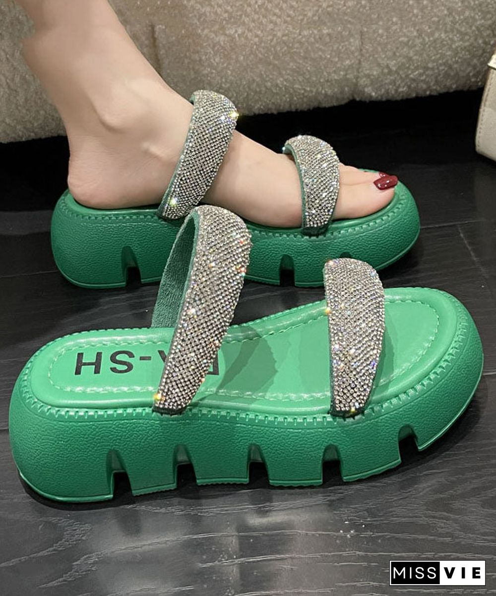 Elegant Splicing Platform Slide Sandals Peep Toe Green Zircon