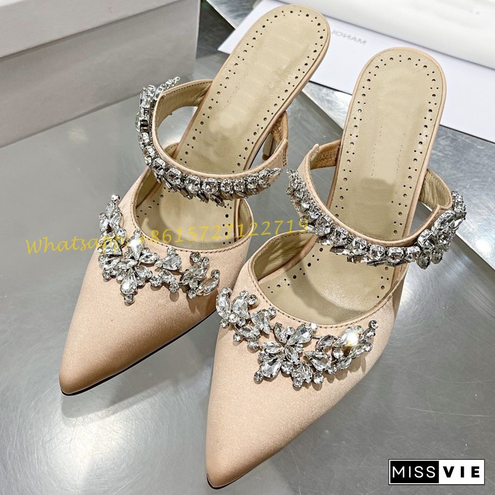 Pointy Toe Crystal Mules Slippers Women Luxury Summer Blue Party High Heels Slippers Sexy Outfit New Arrival Ankle Wrap Shoes