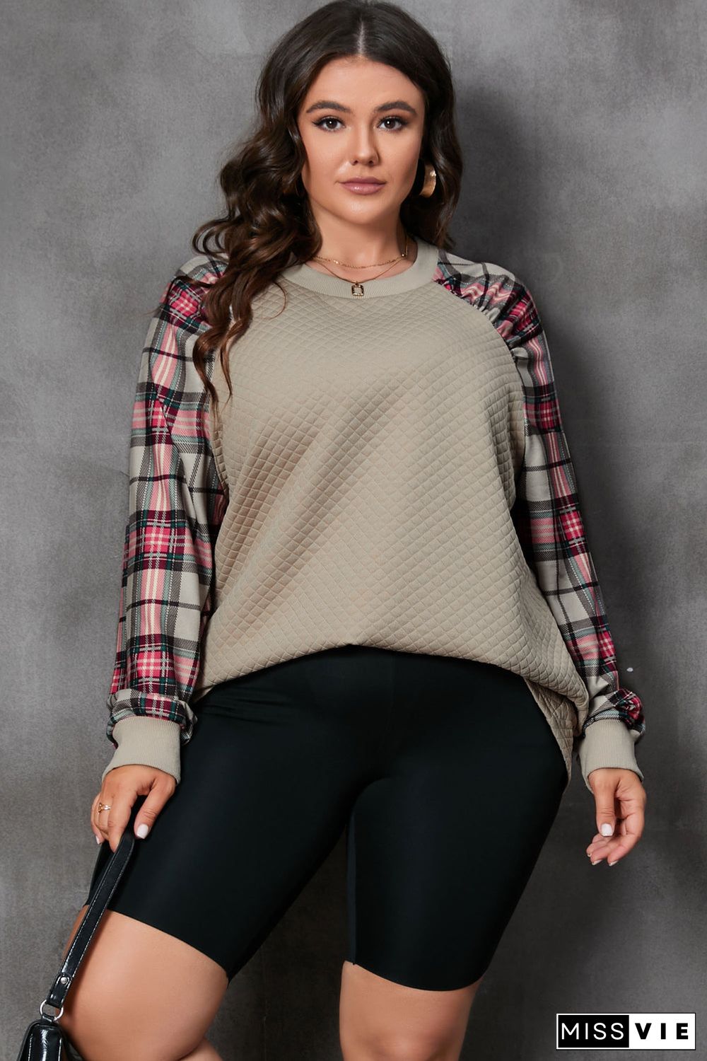 Apricot Plus Size Plaid Raglan Sleeve Crew Neck Sweatshirt