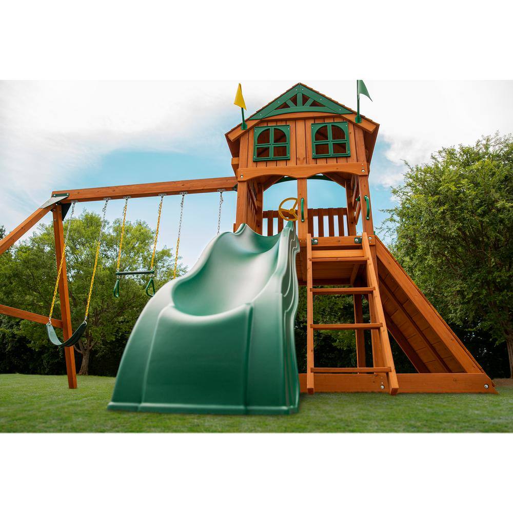 Gorilla Playsets DIY Outing III Wooden Outdoor Playset with Wood Roof Wave Slide Rock Wall Sandbox and Swing Set Accessories 01-1063