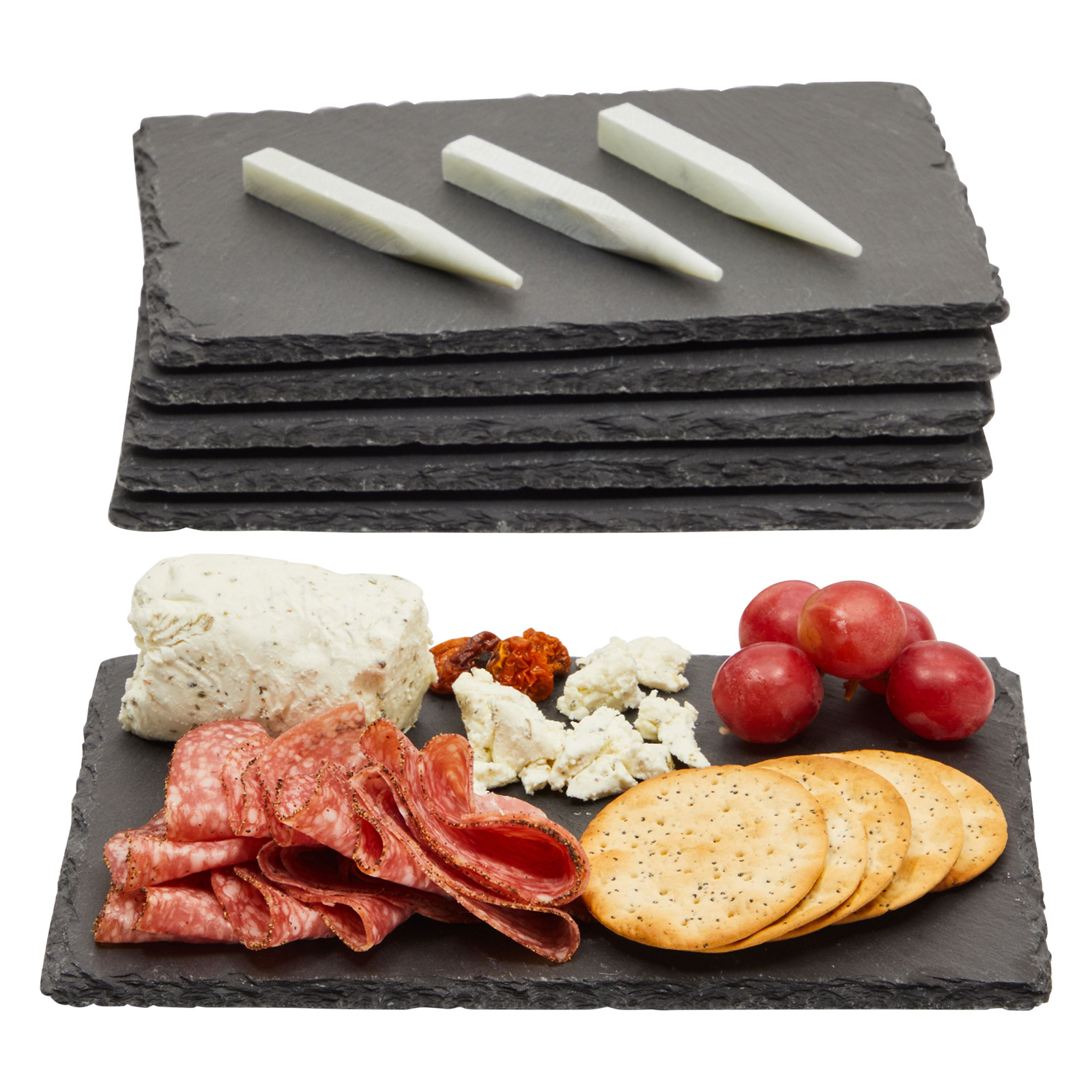 6-Piece Mini Charcuterie Boards with Chalk， Individual Stone Plates for Cheese， Meat， Appetizers， Sushi Plate for Brunch， Dinner， and Reception Meals， 6 x 9 in