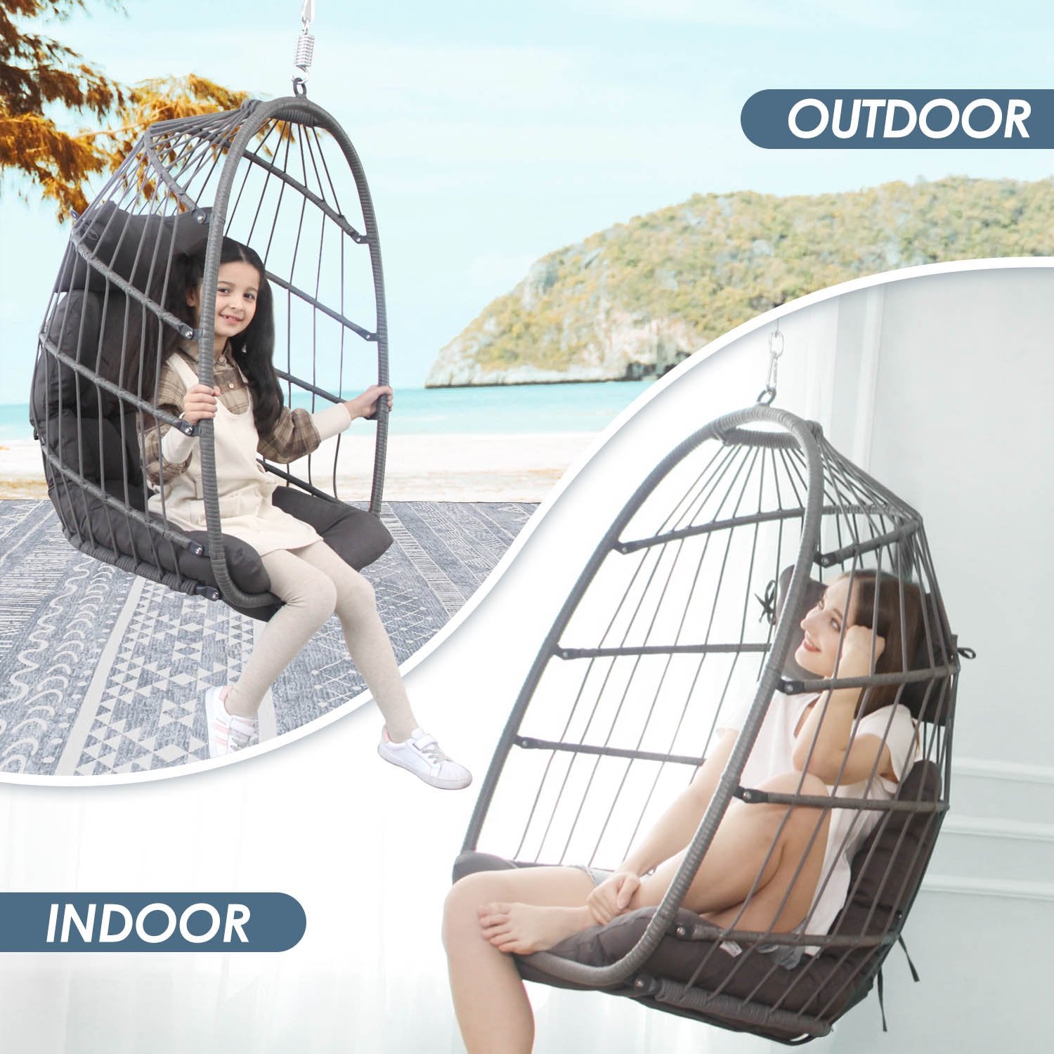 NICESOUL Outdoor Foldable Wicker Swing Egg Chair Without Stand Dark Gray Hanging 265lbs Max. Weight