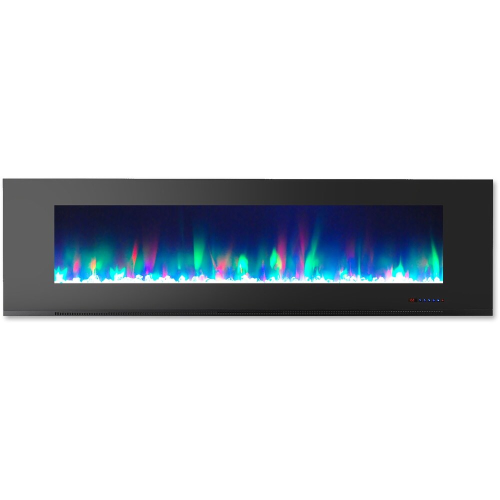 Hanover 72 In. Wall Mount Electric Fireplace in Black with Multi Color Flames and Crystal Rock Display