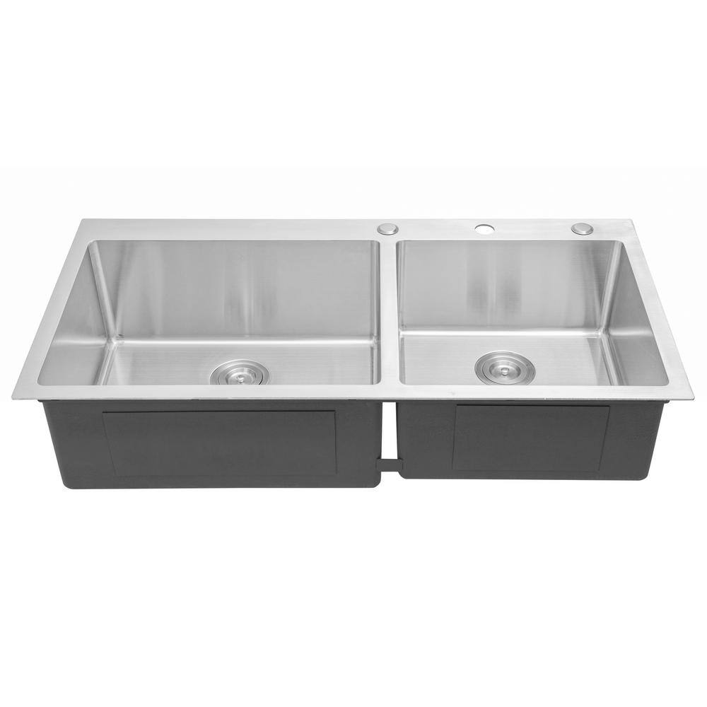 eModernDecor Drop-in Top Mount 16-Gauge Stainless Steel 42-78 in x 21-12 in x 10 in 6040 Offset Double Bowl Kitchen Sink Combo ARL-RT4321