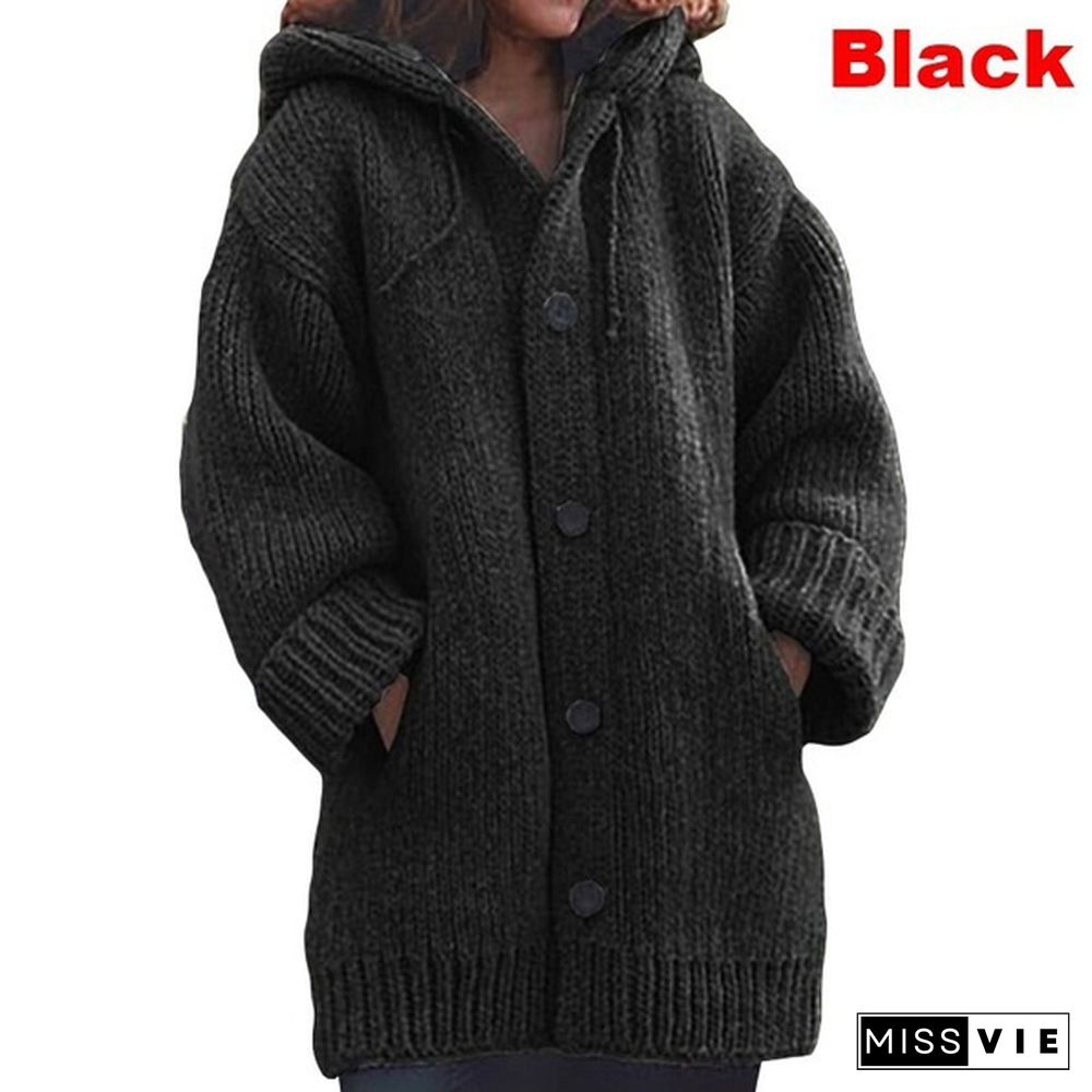 Autumn and Winter Women's Fashion Warm Coat Knit Hooded Sweater Solid Color Mid-length Button Up Knitted Cardigan Jackets for Women Outwear Plus Size Casacos De Inverno Feminino