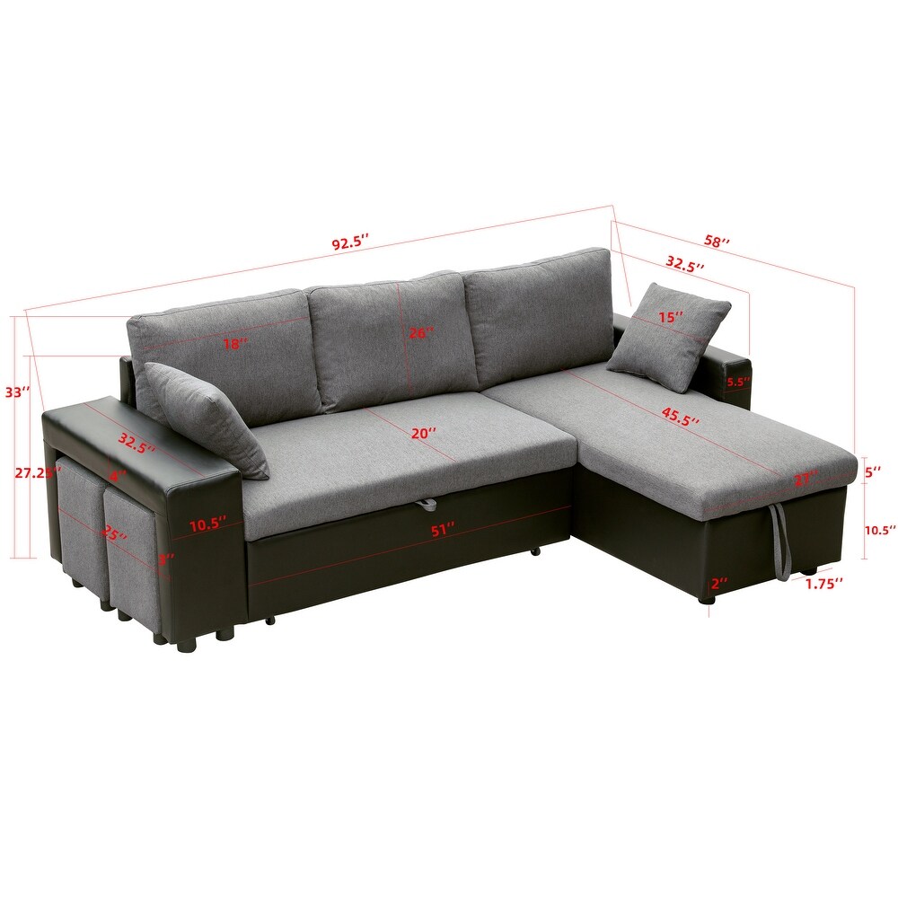 Sectional Sofa Sleeper Sofa with Storage Chaise and 2 Ottomans