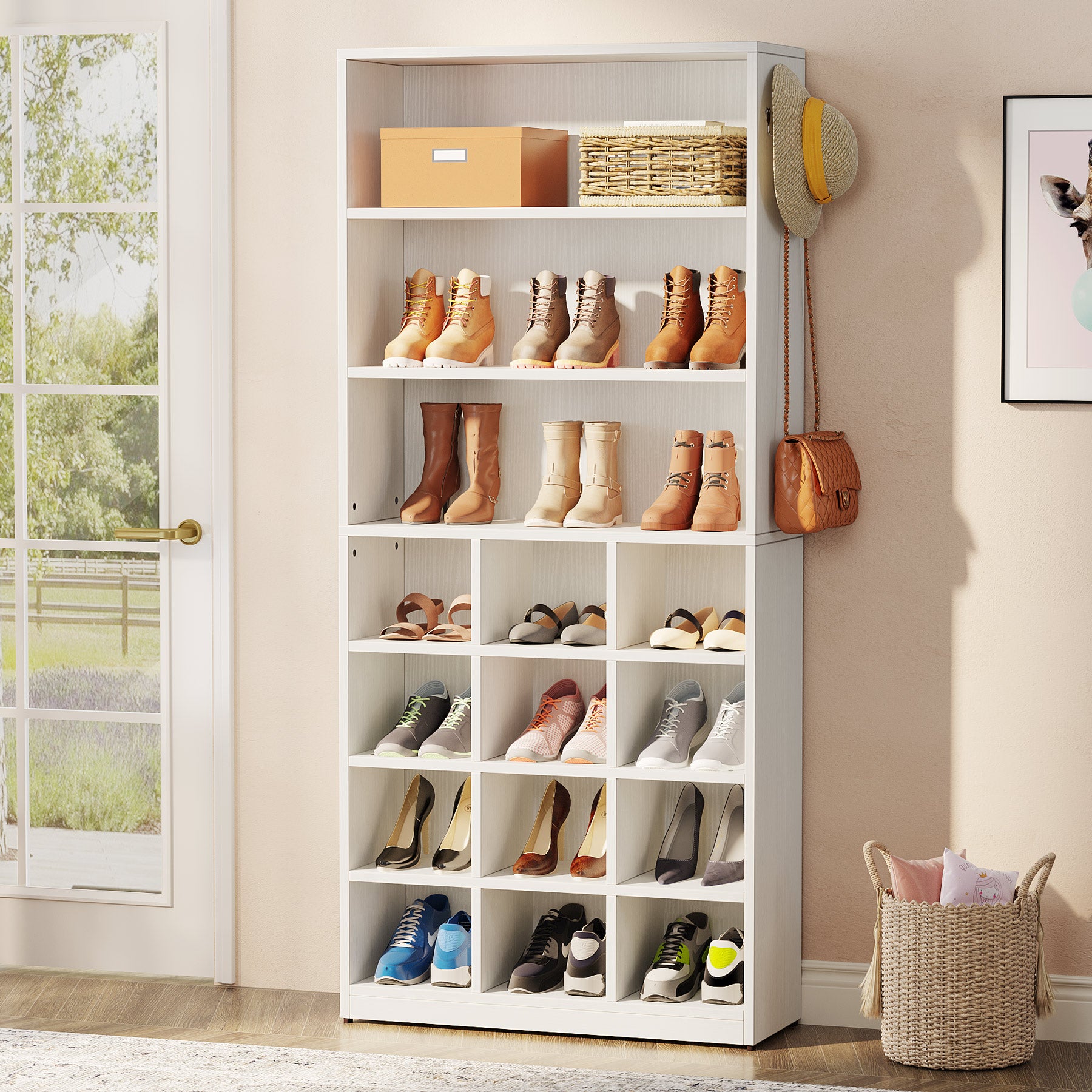 Freestanding Shoe Cabinet, 24 Pair Shoe Rack with Side Hooks