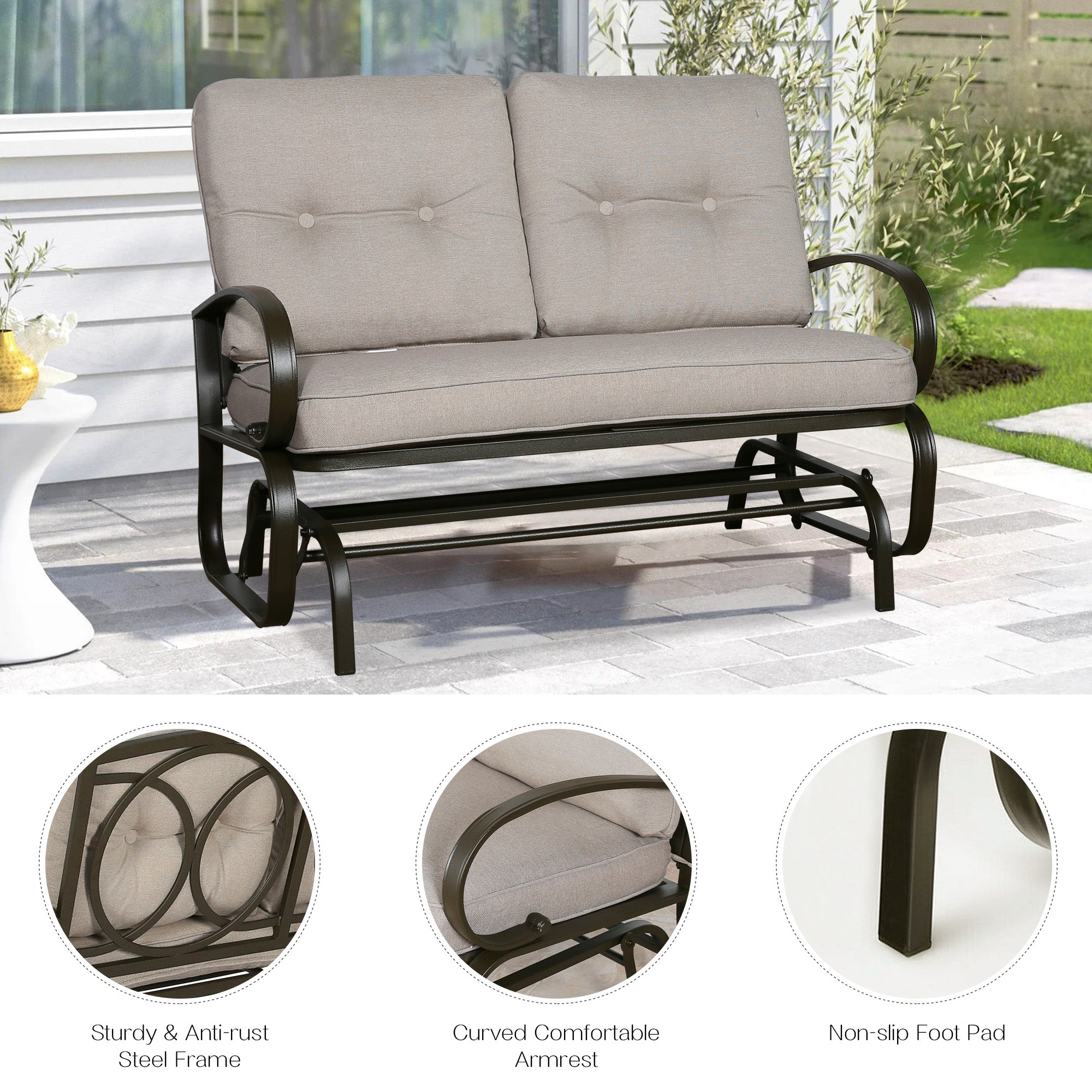 Iwicker 2-Person Outdoor Glider Chair Patio Steel Beach Love seat ， Beige