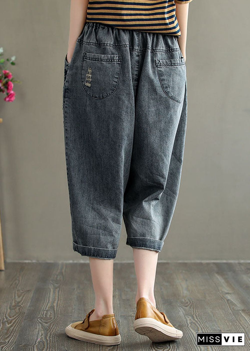 Loose Grey Elastic Waist Embroideried Hole Cotton Harem Pants Summer