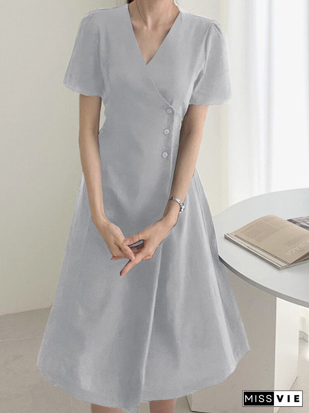 Solid Warp Button Front V-neck Short Sleeve Casual Dress