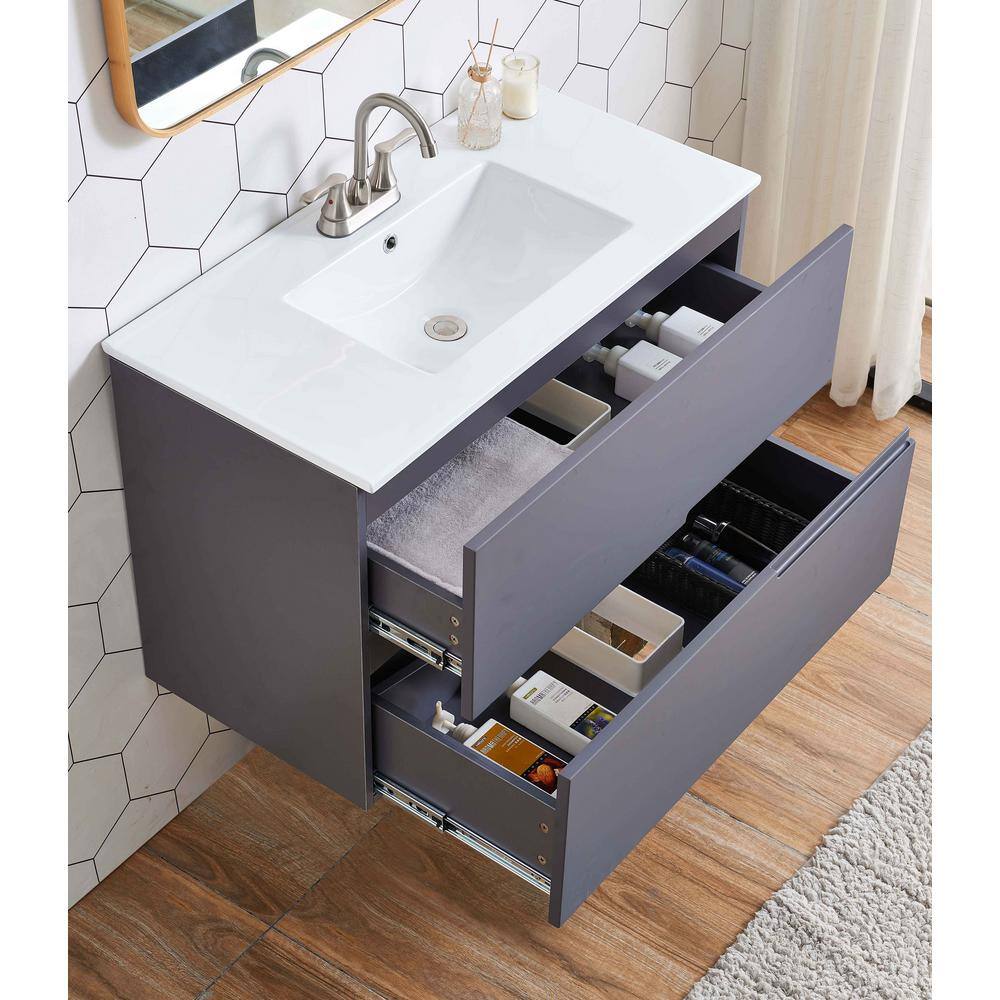 Comllen 36 in. W x 18 in. D x 24 in. H Dark Gray Modern Wall Mounted Bathroom Vanity with White Porcelain Sink Top COMSE02SH90E3