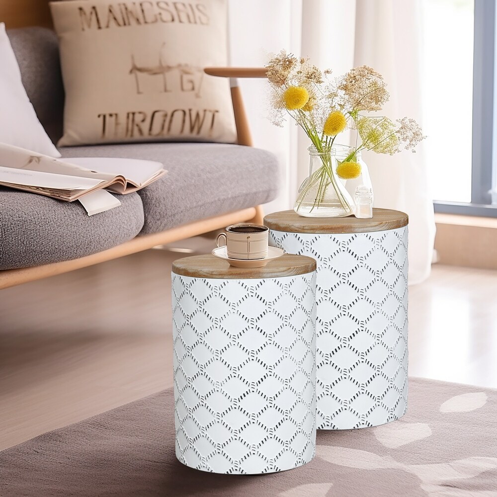 Set of 2 Metal Round Side and End Tables with Enclosed Storage