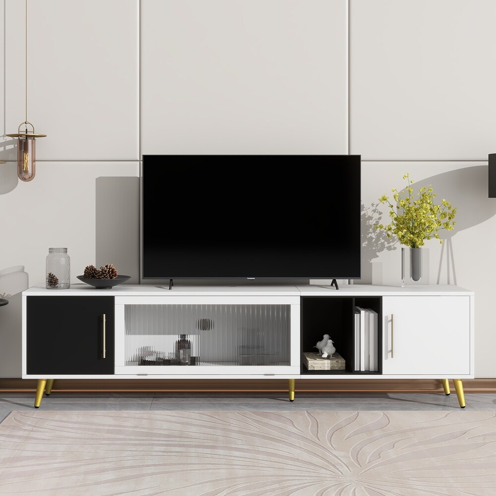 Sleek TV Stand w/ Fluted Glass Doors Entertainment Center for TVs Up to 80\