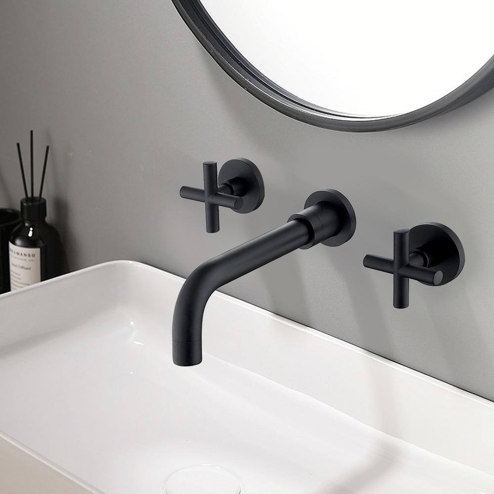 UPIKER Modern Double Handle Wall Mounted Bathroom Faucet with 3 Holes Brass Rough-in Valve in Matte Black UP2301SFB0001