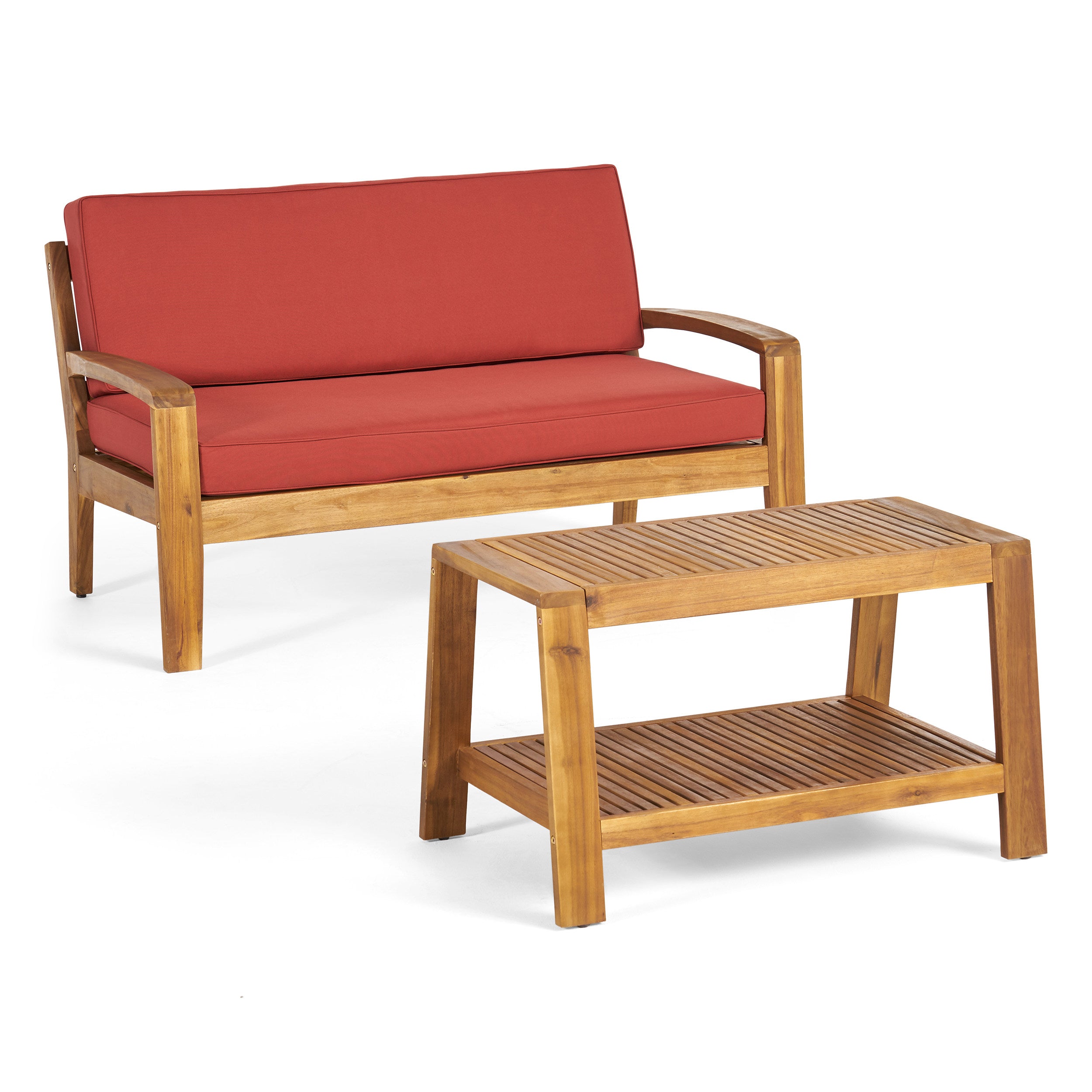 Christian Outdoor Acacia Wood Loveseat and Coffee Table Set with Cushions