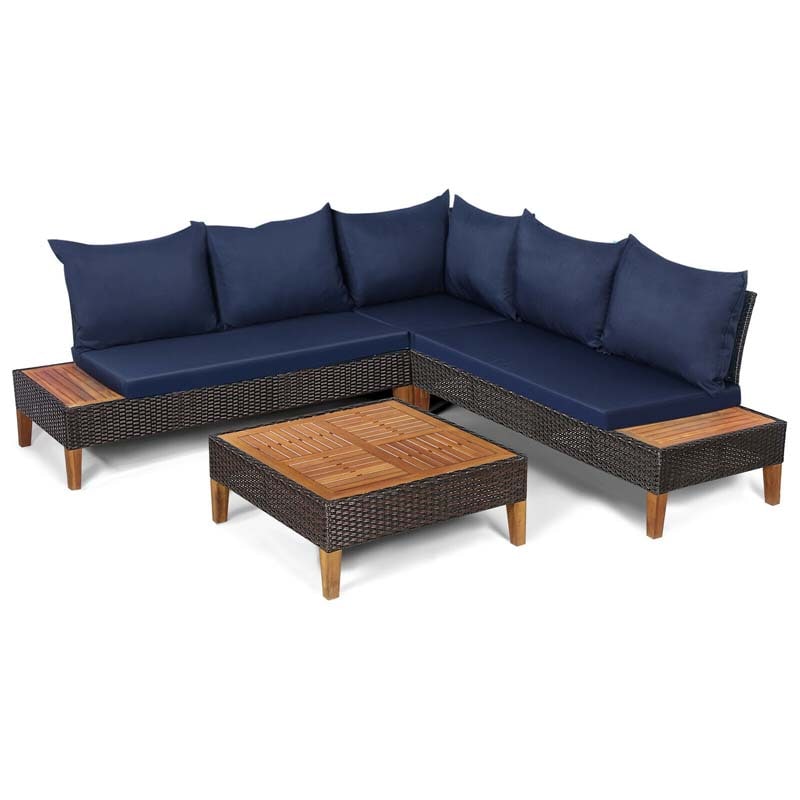 4 Pcs Acacia Wood Rattan Patio Conversation Set Outdoor Sectional Sofa Set with Coffee Table