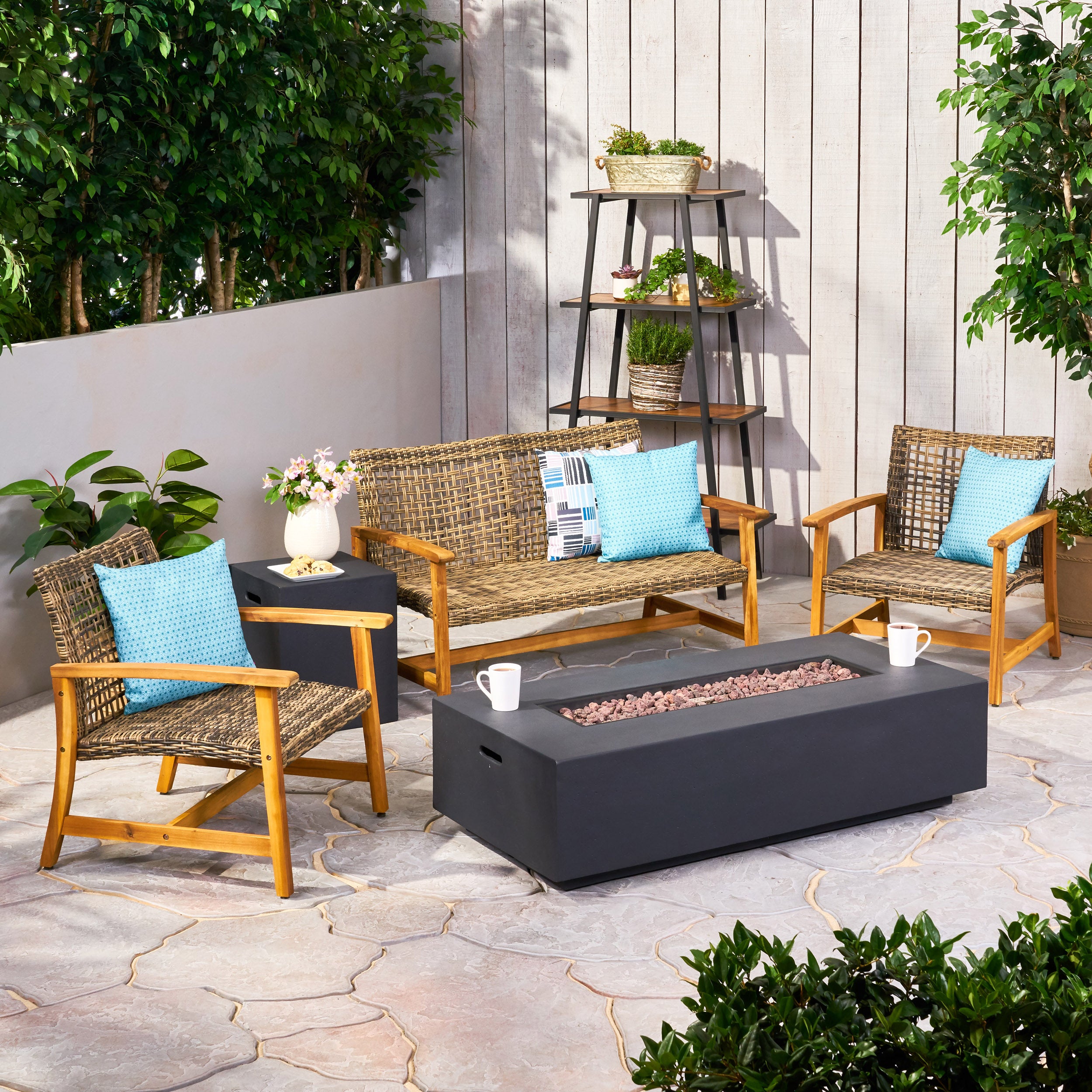 Tabby Outdoor 5 Piece Wood and Wicker Chat Set with Fire Pit