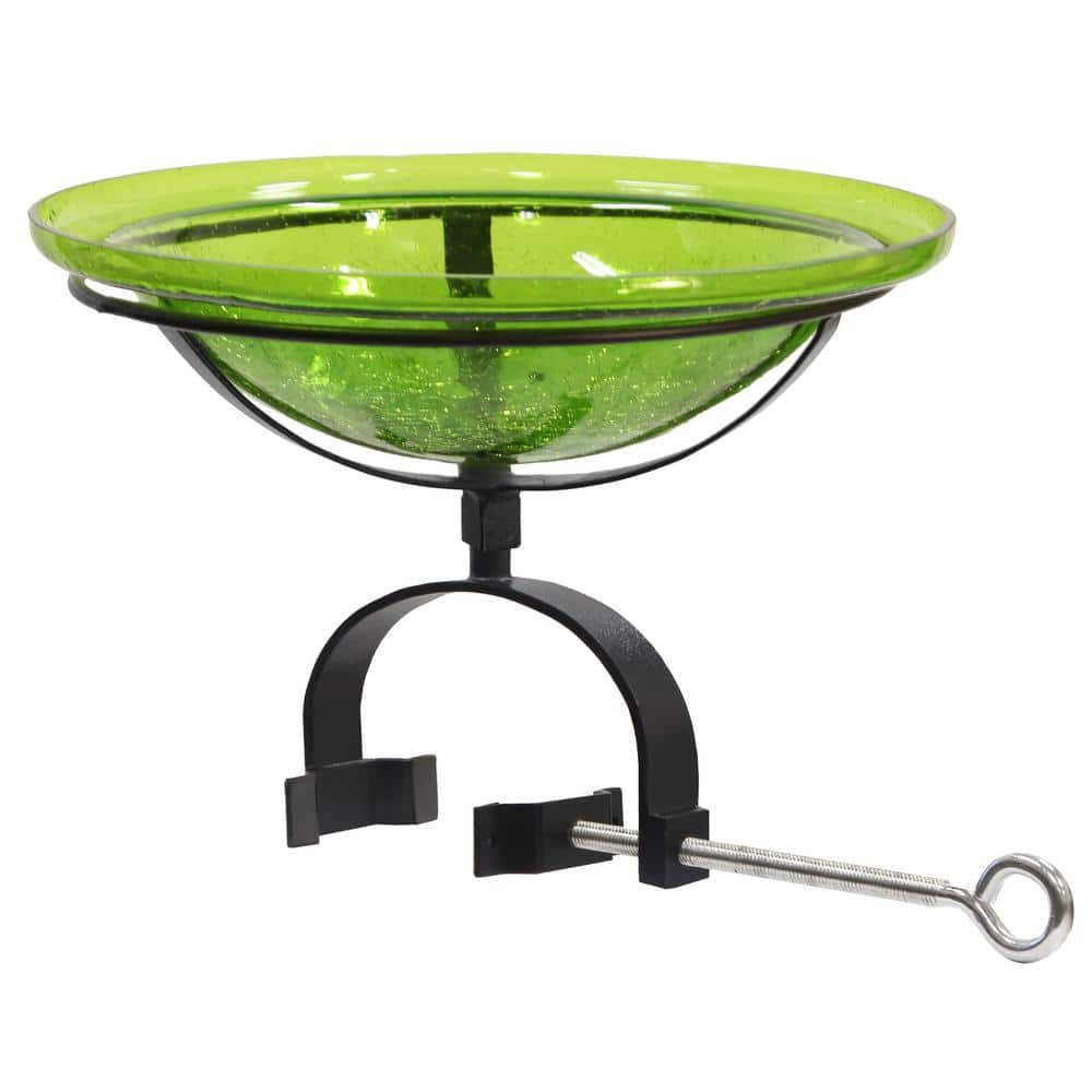 ACHLA DESIGNS 12.5 in. Dia Round Fern Green Crackle Glass Birdbath w/Black Wrought Iron Over Rail Bracket CGB-05FG-OR2