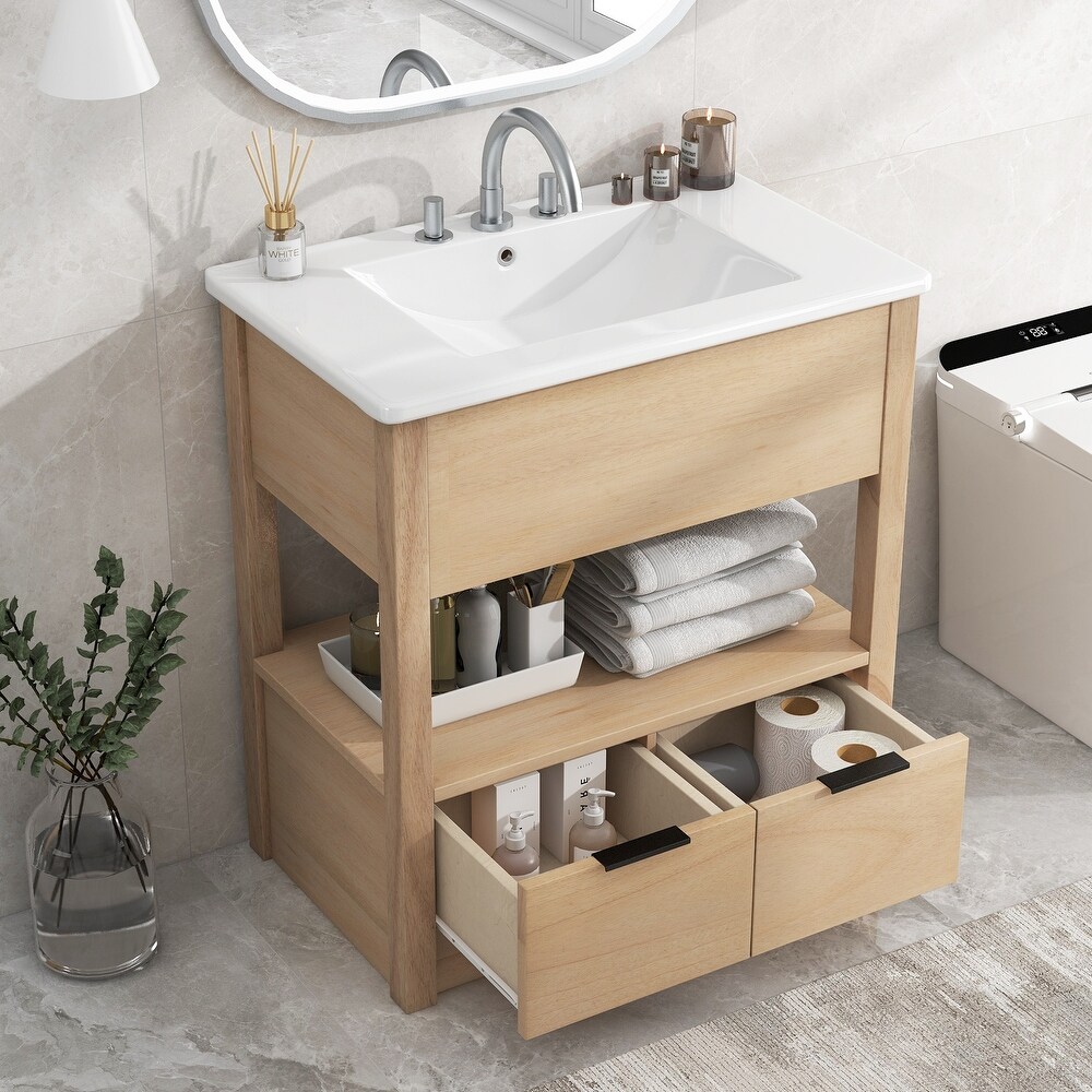 Multifunction Vanity with Ceramic Sink  Bathroom Sink Counter  Open Storage Shelf with 2 Drawers  Toilet Standing Cabinet