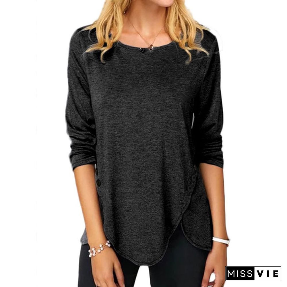 XS-8XL Fashion Clothes Autumn and Winter Tops Women's Causal Solid Color Irregular Shirts Round Neck Button Stitching Loose Blouses Ladies Plus Size Pullover Sweatshirts Long Sleeve Cotton T-shirts