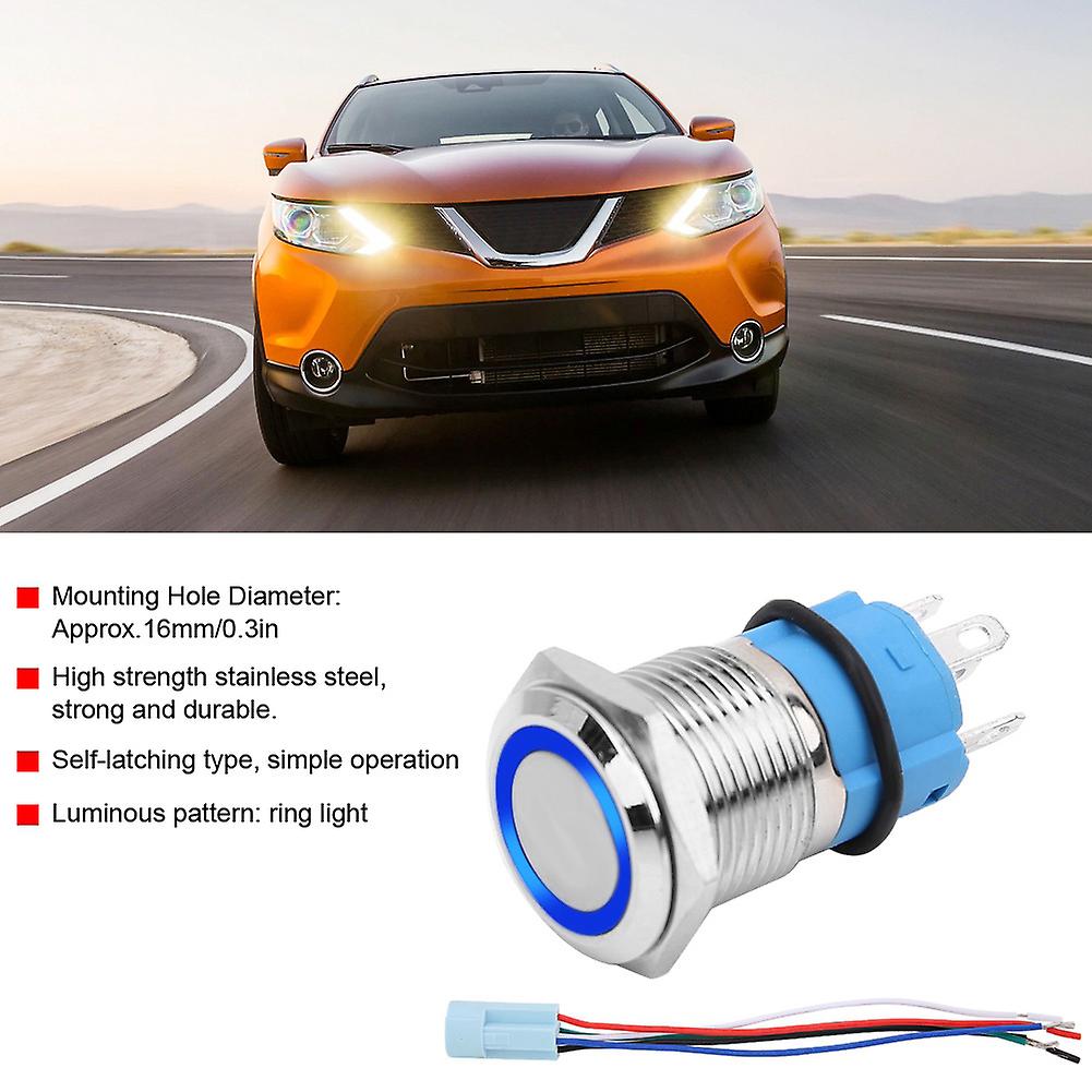16mm 12v Waterproof Car Led Light Latching Self-locking Push Button Switch With Plug (blue)