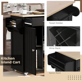 FAMYYT Black Wood Desktop 48 in. Kitchen Island with Wine Rack and Four Locking Wheels XJ-294554BK-L