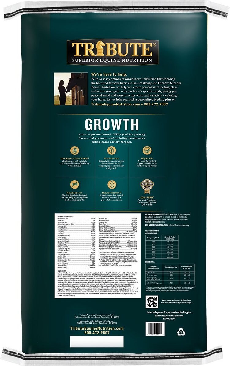 Tribute Equine Nutrition Growth Pellet Low-NSC， Molasses-Free Horse Feed