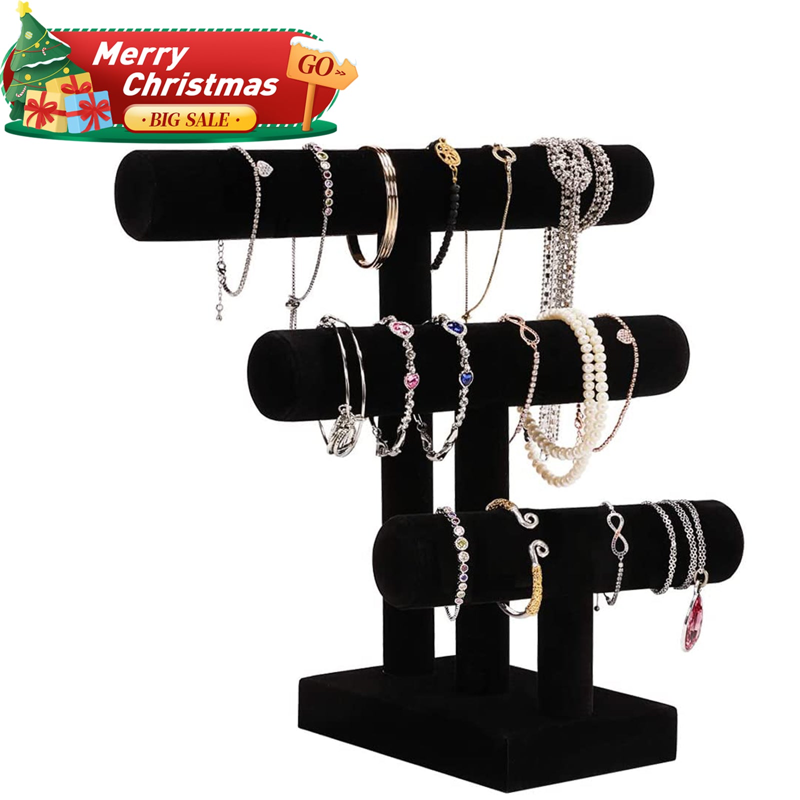 PinkSheep 3 Tier T-Bar Velvet Jewelry Organizer Display Stand Earrings Bracelet Necklace Holder Stand