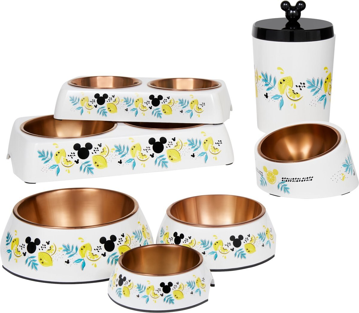 Disney Mickey Mouse Lemon Melamine Stainless Steel Double Dog and Cat Bowl