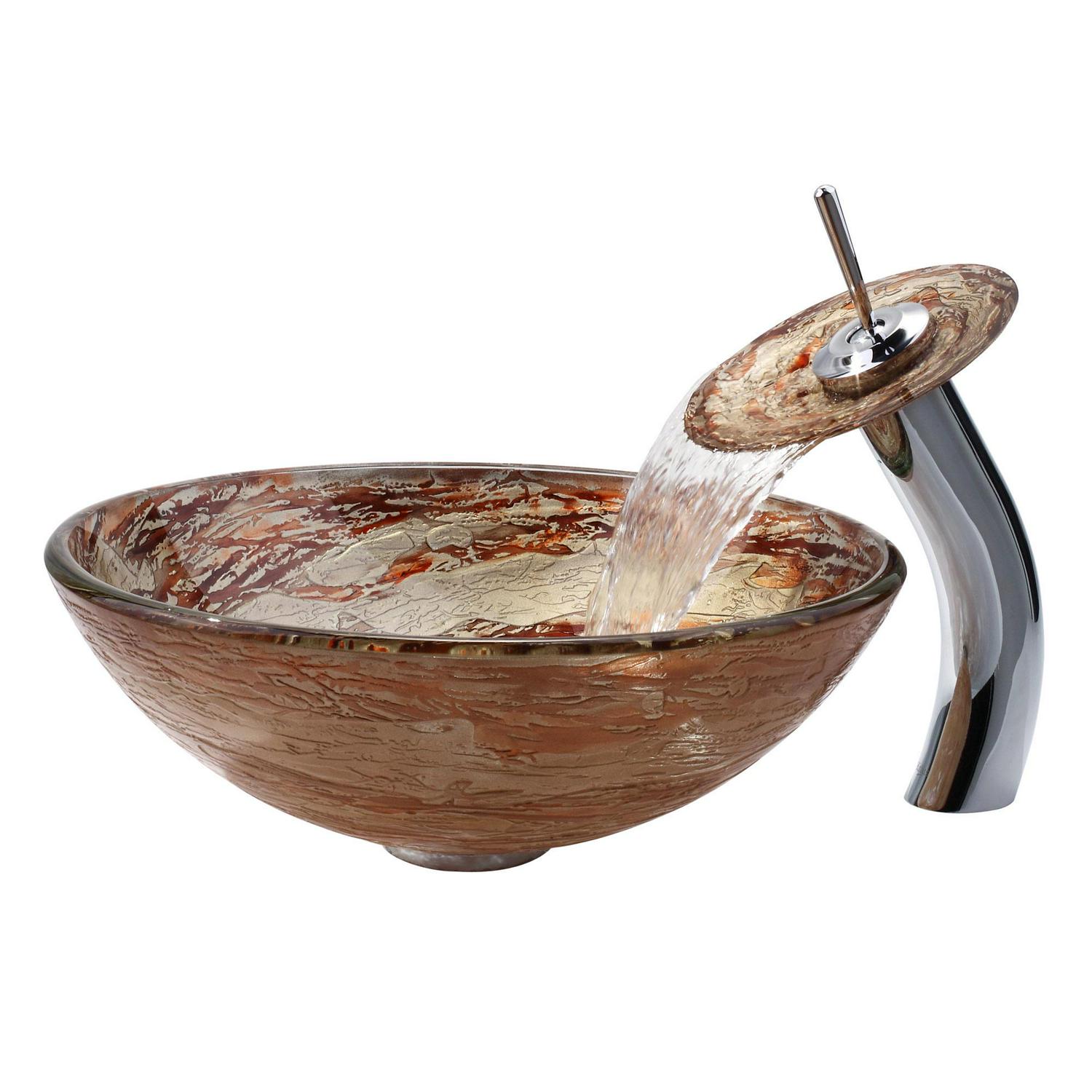 KRAUS Ares Glass Vessel Sink in Brown and Gray with Pop-Up Drain and Mounting Ring in Oil Rubbed Bronze